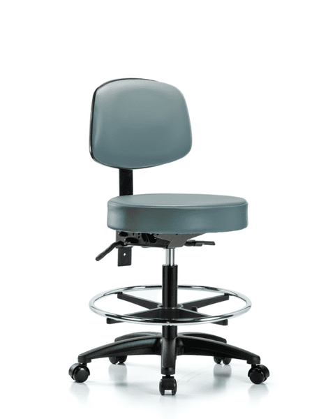 Vinyl Stool with Back - Medium Bench Height with Chrome Foot Ring & Casters in Storm Supernova Vinyl - VMBST-RG-T0-CF-RC-8822