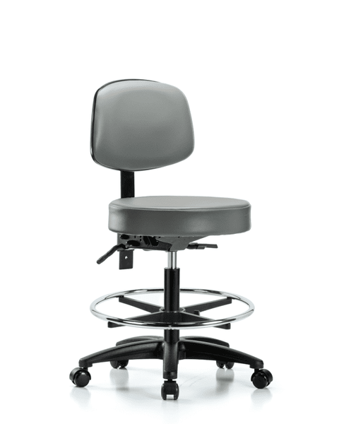 Vinyl Stool with Back - Medium Bench Height with Chrome Foot Ring & Casters in Sterling Supernova Vinyl - VMBST-RG-T0-CF-RC-8840