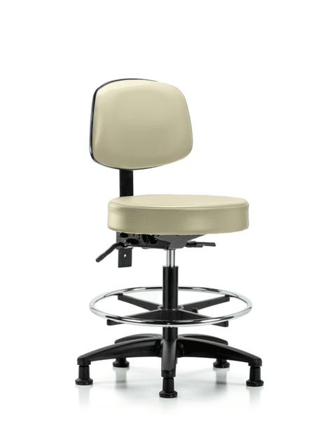 Vinyl Stool with Back - Medium Bench Height with Chrome Foot Ring & Stationary Glides in Adobe White Trailblazer Vinyl - VMBST-RG-T0-CF-RG-8501