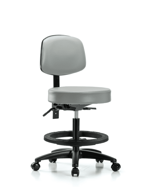 Vinyl Stool with Back - Medium Bench Height with Seat Tilt, Black Foot Ring, & Casters in Dove Trailblazer Vinyl - VMBST-RG-T1-BF-RC-8567