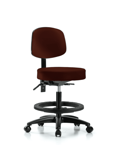 Vinyl Stool with Back - Medium Bench Height with Seat Tilt, Black Foot Ring, & Casters in Burgundy Trailblazer Vinyl - VMBST-RG-T1-BF-RC-8569