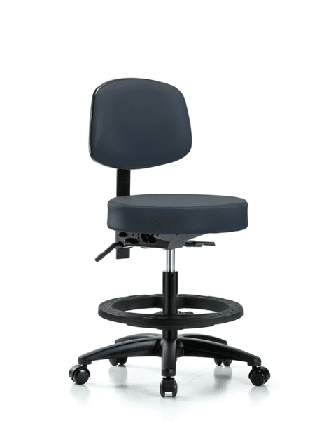 Vinyl Stool with Back - Medium Bench Height with Seat Tilt, Black Foot Ring, & Casters in Imperial Blue Trailblazer Vinyl - VMBST-RG-T1-BF-RC-8582