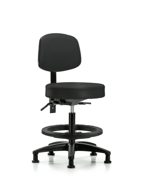 Vinyl Stool with Back - Medium Bench Height with Seat Tilt, Black Foot Ring, & Stationary Glides in Black Trailblazer Vinyl - VMBST-RG-T1-BF-RG-8540