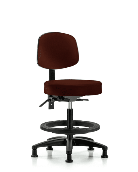 Vinyl Stool with Back - Medium Bench Height with Seat Tilt, Black Foot Ring, & Stationary Glides in Burgundy Trailblazer Vinyl - VMBST-RG-T1-BF-RG-8569