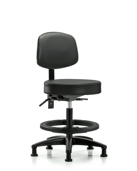 Vinyl Stool with Back - Medium Bench Height with Seat Tilt, Black Foot Ring, & Stationary Glides in Carbon Supernova Vinyl - VMBST-RG-T1-BF-RG-8823
