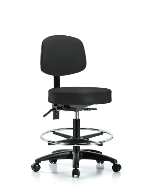 Vinyl Stool with Back - Medium Bench Height with Seat Tilt, Chrome Foot Ring, & Casters in Black Trailblazer Vinyl - VMBST-RG-T1-CF-RC-8540