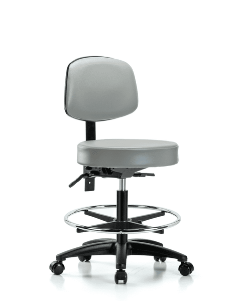 Vinyl Stool with Back - Medium Bench Height with Seat Tilt, Chrome Foot Ring, & Casters in Dove Trailblazer Vinyl - VMBST-RG-T1-CF-RC-8567