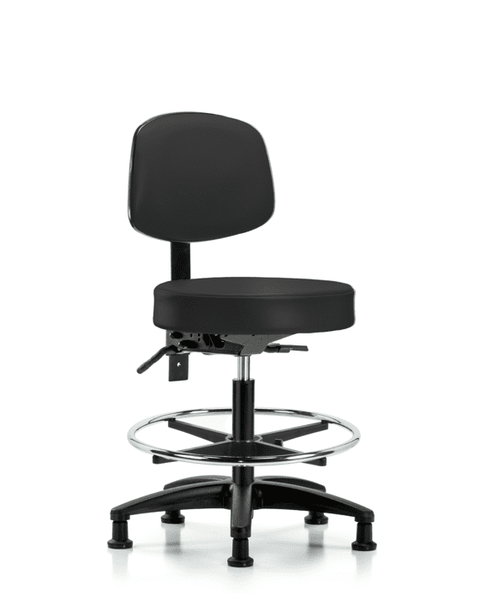 Vinyl Stool with Back - Medium Bench Height with Seat Tilt, Chrome Foot Ring, & Stationary Glides in Black Trailblazer Vinyl - VMBST-RG-T1-CF-RG-8540