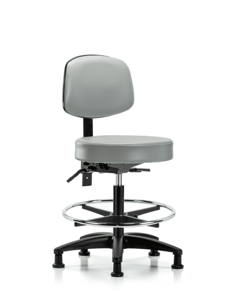 Vinyl Stool with Back - Medium Bench Height with Seat Tilt, Chrome Foot Ring, & Stationary Glides in Dove Trailblazer Vinyl - VMBST-RG-T1-CF-RG-8567