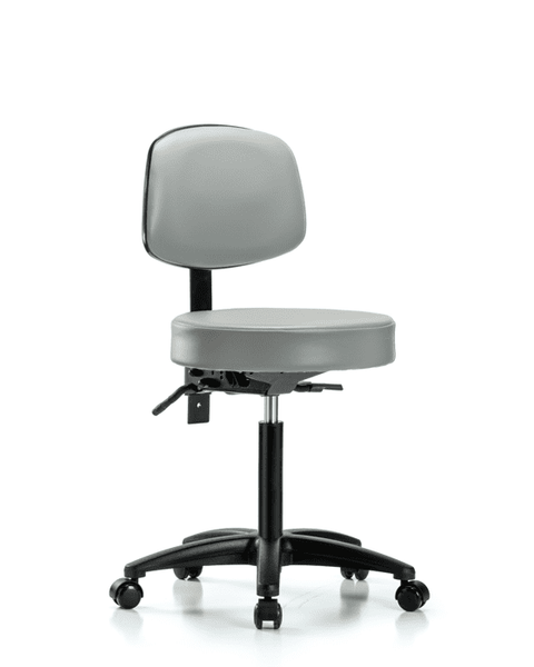 Vinyl Stool with Back - Medium Bench Height with Seat Tilt & Casters in Dove Trailblazer Vinyl - VMBST-RG-T1-NF-RC-8567