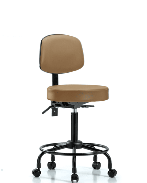 Vinyl Stool with Back - Medium Bench Height with Round Tube Base & Casters in Taupe Trailblazer Vinyl - VMBST-RT-T0-RC-8584