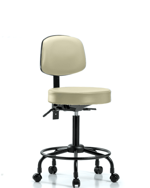Vinyl Stool with Back - Medium Bench Height with Round Tube Base, Seat Tilt, & Casters in Adobe White Trailblazer Vinyl - VMBST-RT-T1-RC-8501