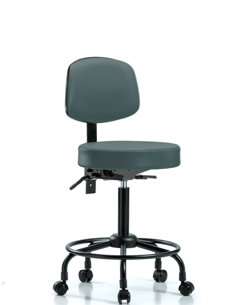 Vinyl Stool with Back - Medium Bench Height with Round Tube Base, Seat Tilt, & Casters in Colonial Blue Trailblazer Vinyl - VMBST-RT-T1-RC-8546