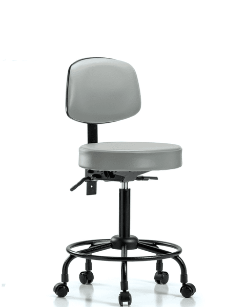 Vinyl Stool with Back - Medium Bench Height with Round Tube Base, Seat Tilt, & Casters in Dove Trailblazer Vinyl - VMBST-RT-T1-RC-8567