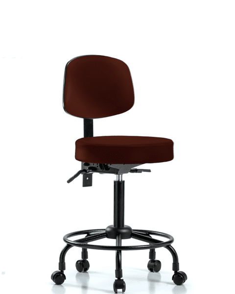 Vinyl Stool with Back - Medium Bench Height with Round Tube Base, Seat Tilt, & Casters in Burgundy Trailblazer Vinyl - VMBST-RT-T1-RC-8569