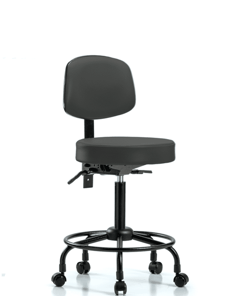 Vinyl Stool with Back - Medium Bench Height with Round Tube Base, Seat Tilt, & Casters in Charcoal Trailblazer Vinyl - VMBST-RT-T1-RC-8605