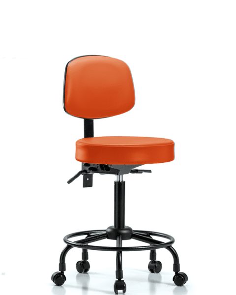 Vinyl Stool with Back - Medium Bench Height with Round Tube Base, Seat Tilt, & Casters in Orange Kist Trailblazer Vinyl - VMBST-RT-T1-RC-8613