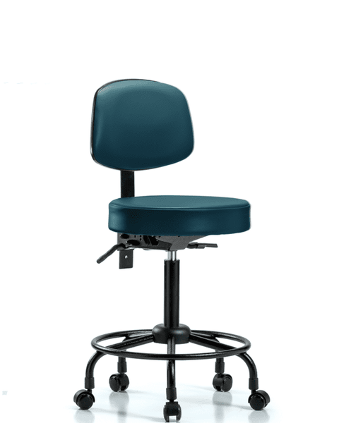 Vinyl Stool with Back - Medium Bench Height with Round Tube Base, Seat Tilt, & Casters in Marine Blue Supernova Vinyl - VMBST-RT-T1-RC-8801