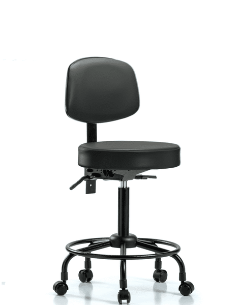 Vinyl Stool with Back - Medium Bench Height with Round Tube Base, Seat Tilt, & Casters in Carbon Supernova Vinyl - VMBST-RT-T1-RC-8823