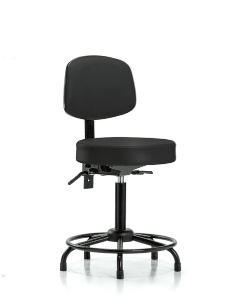 Vinyl Stool with Back - Medium Bench Height with Round Tube Base, Seat Tilt, & Stationary Glides in Black Trailblazer Vinyl - VMBST-RT-T1-RG-8540