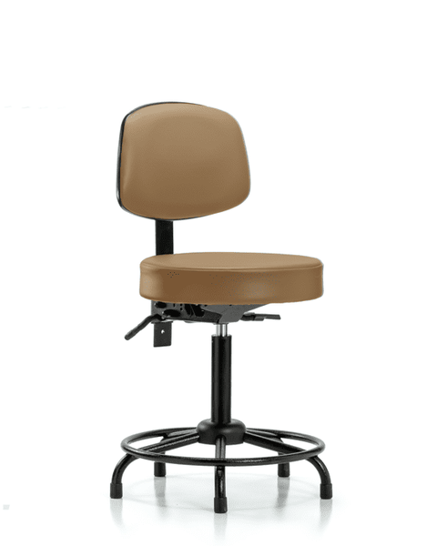 Vinyl Stool with Back - Medium Bench Height with Round Tube Base, Seat Tilt, & Stationary Glides in Taupe Trailblazer Vinyl - VMBST-RT-T1-RG-8584