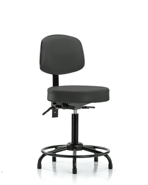 Vinyl Stool with Back - Medium Bench Height with Round Tube Base, Seat Tilt, & Stationary Glides in Charcoal Trailblazer Vinyl - VMBST-RT-T1-RG-8605