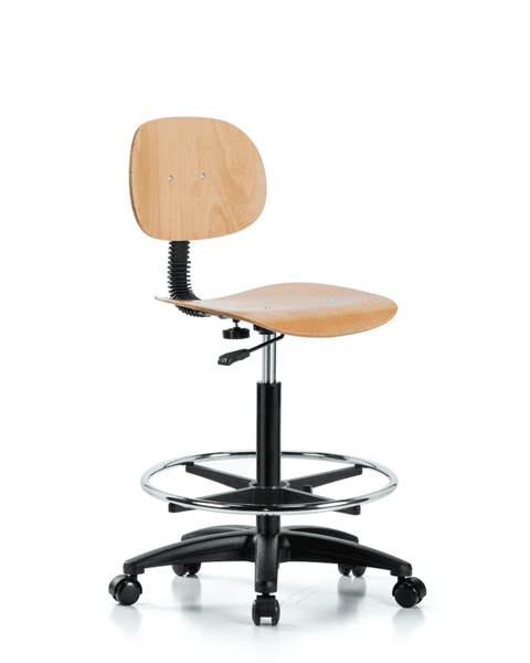 Wood Chair - High Bench Height with Chrome Foot Ring & Casters - WHBCH-RG-CF-RC
