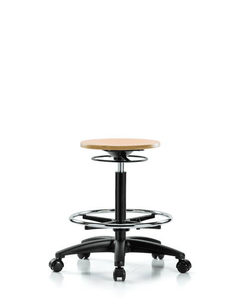 Wood Stool - High Bench Height with Chrome Foot Ring & Casters - WHBSO-RG-CF-RC