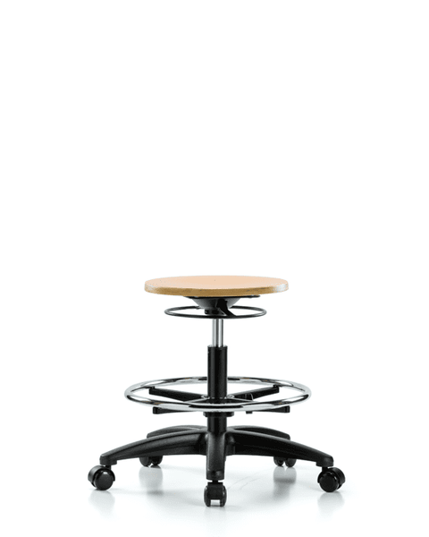 Wood Stool - Medium Bench Height with Chrome Foot Ring & Casters - WMBSO-RG-CF-RC